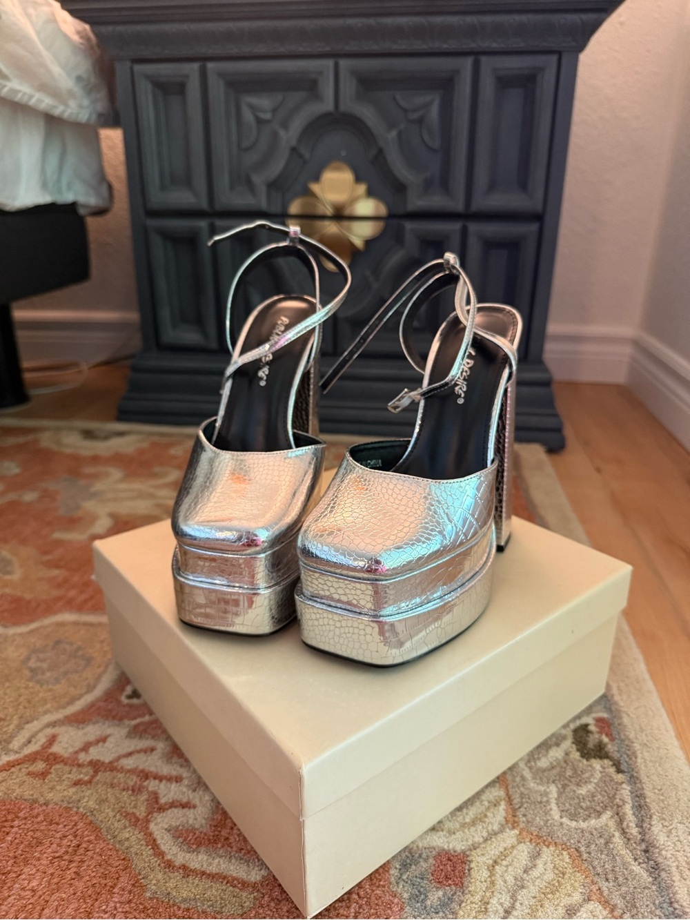 Public Desire Silver Metallic Platform Ankle-Strap Heels